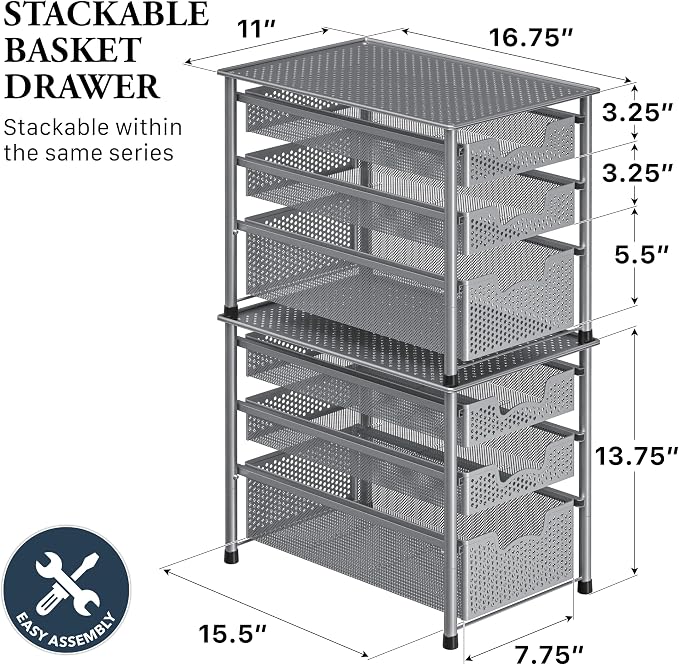 Simple Houseware Stackable 3 Tier Sliding Basket Organizer Drawer, Silver