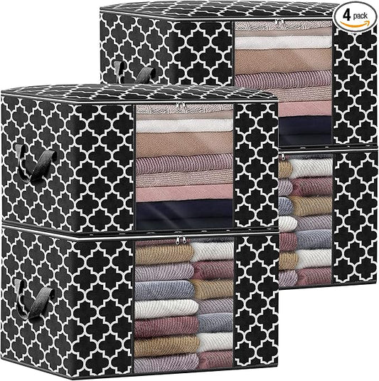 WISELIFE Storage Bags 100L 4-Pack Large Blanket Clothes Organization and Storage Containers for Bedding, Comforters, Foldable Organizer with Reinforced Handle, Clear Window, Sturdy Zippers, Black
