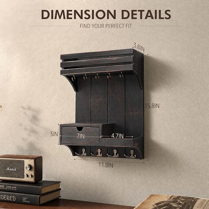 Rebee Vision Key Holder Wall Mount with Shelf for Entryway,Distressed Black | Pine Wood, Key Holder for Wall, 9 Key Hooks, Plant Display, Drawer Organizer, Mail Organizer for room, Home Decor Aesthetic