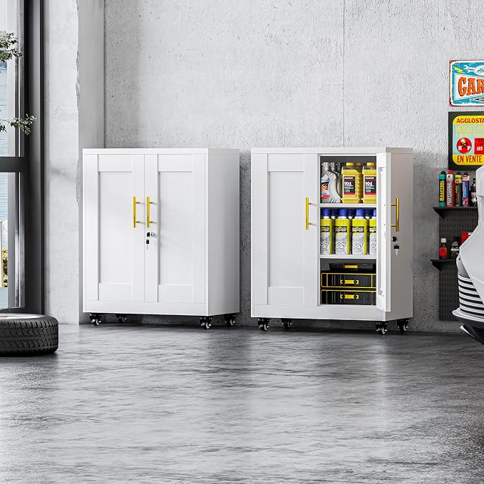 GAIOUS Metal Storage Cabinet with Lock and Wheels, Steel Tool Cabinet | with 2 Door and 2 Adjustable Shelves, 35” Tall Lockable File Cabinet, Garage Cabinet, Rolling Cabinet for Home Office - White