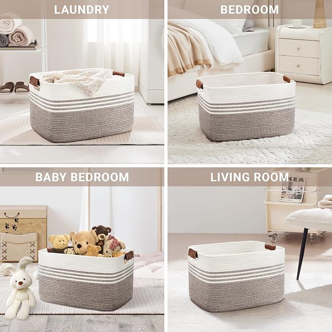 100L Woven Laundry Basket Hamper with Leather Handles,Dark Brown | collapsible wicker hamper, storage for dirty clothes, toys, blankets, gifts, living room, bedroom, bathroom, 24"x16"x16"