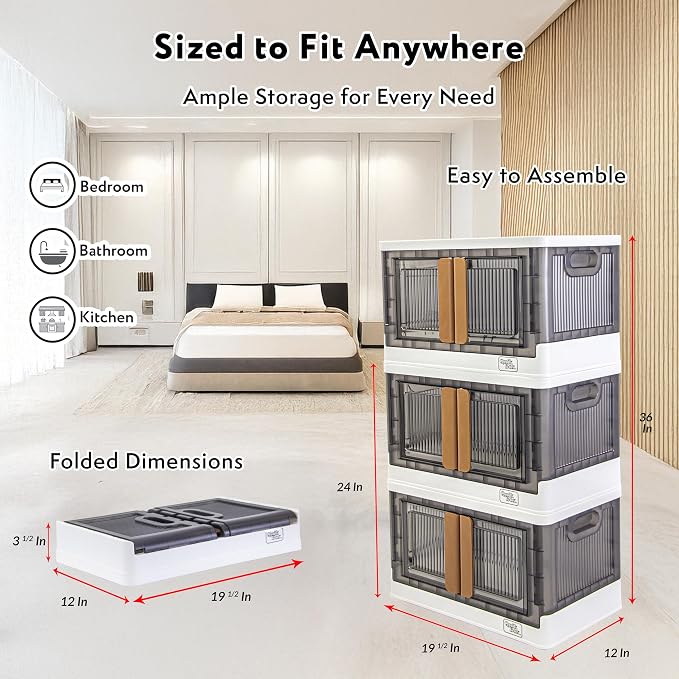 dbest products Quik Box 8.5 Gallon Stackable Storage Bins with Doors, Collapsible Organizer Foldable Container, for Bedroom Living Room Neat, Tidy Dorms and Organized Homes Boxes, White