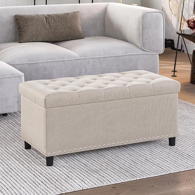 BELLEZE Storage Ottoman, Tufted Ottoman with Close Hinge, Foot Rest for Living Room (Beige, 31 inch)