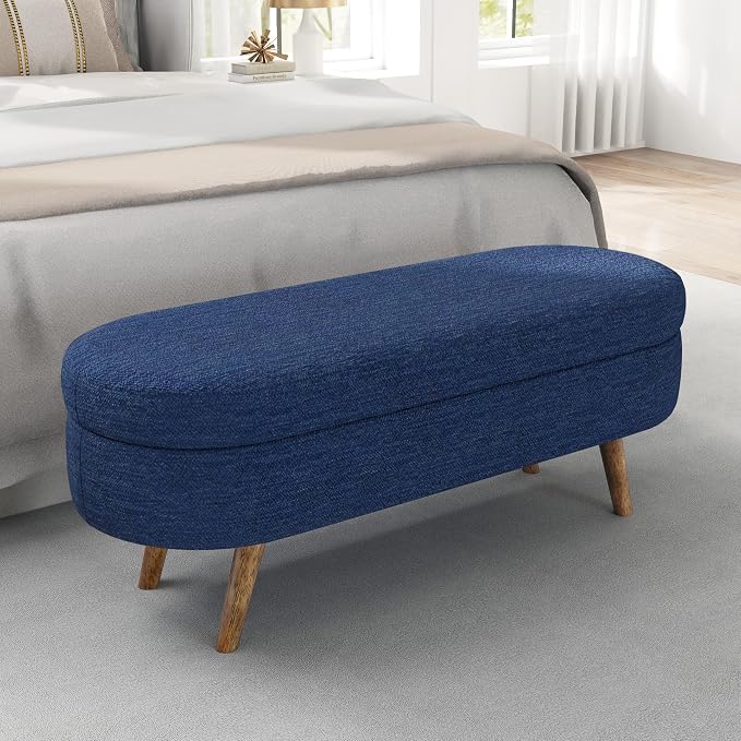 43.5” Storage Ottoman Bench，Upholstered Oval End of Bed Bench for Bedroom | Modern Linen Ottoman with Storage, Entryway Foot Rest with Wooden Legs, Lift-Top Lid with Safety Hinge, Living Room, Blue