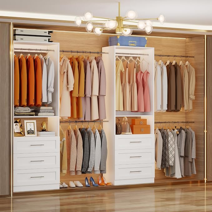 Westcity Closet System with 6 Drawers, 4FT-15FT 2-Piece Closet System, Walk in Closet Organizer System, Modular Closet System with 10 Adjustable Hanging Rods & Shelves, Closet Storage System, White