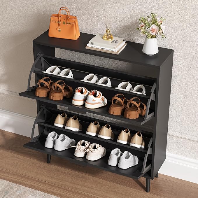 BORNOON Shoe Cabinet for Entryway with 2 Flip Drawers, Slim Wooden Shoe Storage Organizer with Modern Fluted Pannel，Freestanding Narrow Hidden Shoe Rack for Hallway, Foyer, Living Room
