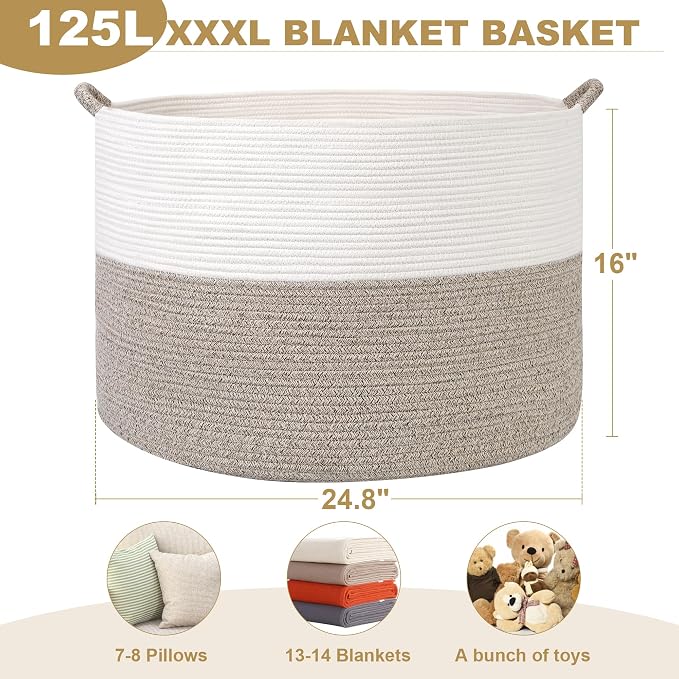 XXXXL 125L Extra Large Blanket Basket, 24.8" x 16" Jumbo Woven Basket (Includes 2 Cute Baskets), Cotton Rope Basket with Handle for Living Room, Baby Toys Nursery, Laundry (White/Light Grey)