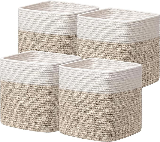 joybest 11inch Cube Storage Bins, Cotton Rope Woven Organizer Basket | Set of 4 Cube Bin Square Shelves Organizer Closet Storage, Nursery, Toy Organization, Brown&White