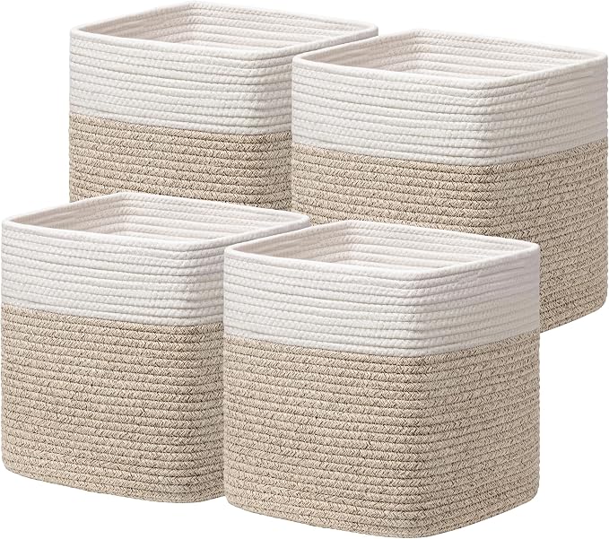 joybest 13inch Cube Storage Bins, Cotton Rope Woven Organizer Basket | Set of 4 Cube Bin Square Shelves Organizer Closet Storage, Nursery, Toy Organization, Brown&White