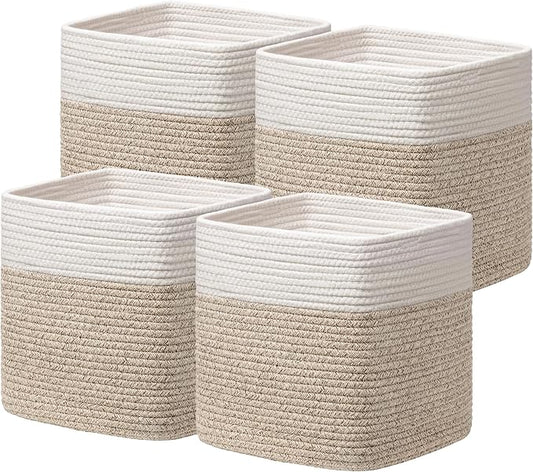 joybest 13inch Cube Storage Bins, Cotton Rope Woven Organizer Basket | Set of 4 Cube Bin Square Shelves Organizer Closet Storage, Nursery, Toy Organization, Brown&White