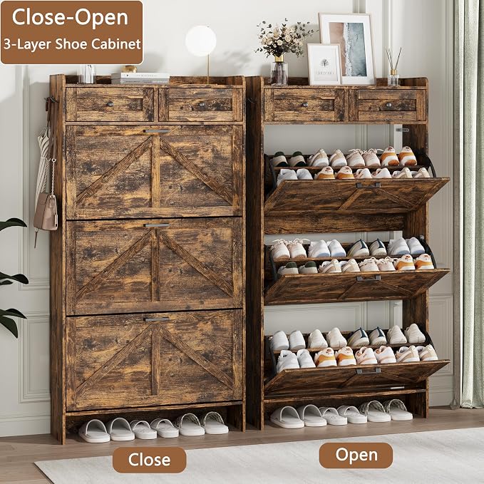 Shoe Cabinet with 3 Flip Drawers & 2 Top Drawers, 57" Tall Freestanding Narrow Wooden Shoe Storage Organizer for Entryway, Hidden Slim Shoe Rack for Front Door Entrance, Hallway, Living Room, Brown