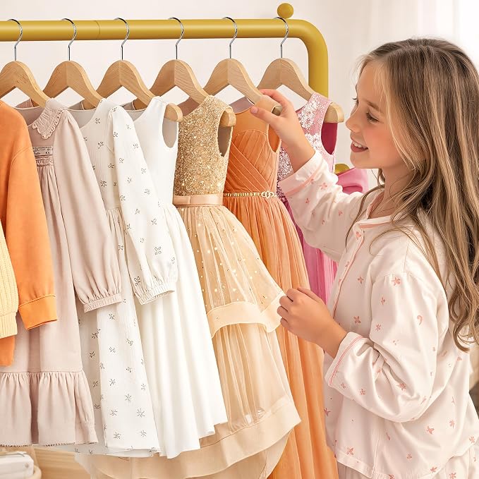Kids Gold Clothing Rack - Dress Up Clothes Rack - Baby Toddler Closet - Freestanding Coat Racks with 2 Fabric Shelves - Small Kids Costume Wardrobe - Garment Rack for Hanging Clothes Organizer