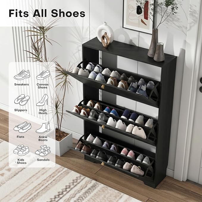 Nicetree Shoe Cabinet with 3 Flip Drawers, Entryway Shoes Organizer, Black | Narrow Shoe Organizer, Freestanding Shoe Rack Cabinet, Modern Shoe Storage Cabinet for Entryway, Hallway, Foyer, With Hook