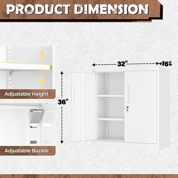 INTERGREAT Metal Garage Storage Cabinet, 36" Locking Counter Cabinet with 2 Locking Doors and 2 Adjustable Shelves, Small Steel Cabinet for for Home Office, Gym, School(White)