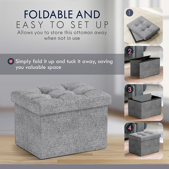 Ornavo Home Small Rectangle Storage Ottoman, Foldable Linen, 12x16x12, Gray | Collapsible Cube Design; Foot Rest Stool Seat; Ideal for Living Room, Bedroom, Home Office or Dorm