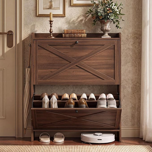 VASAGLE Shoe Storage Cabinet Organizer with 2 Flip Drawers, Freestanding Narrow Shoe Rack Cabinet for Entryway, Farmhouse Style, Fits 14 to 16 Pairs, Chestnut Walnut UHSC203KX01