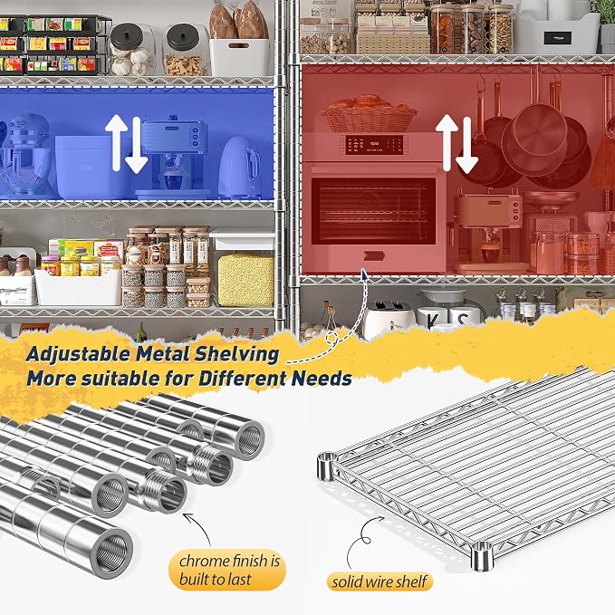 REIBII Chrome Metal Shelving, 70" W & 1500LBS Heavy Duty for Kitchen | L/H Shaped Shelves, Adjustable Metal Shelves, 5 Tier Freestanding, Anti-Tipping Device, Moisture Resistant, Leveling feet