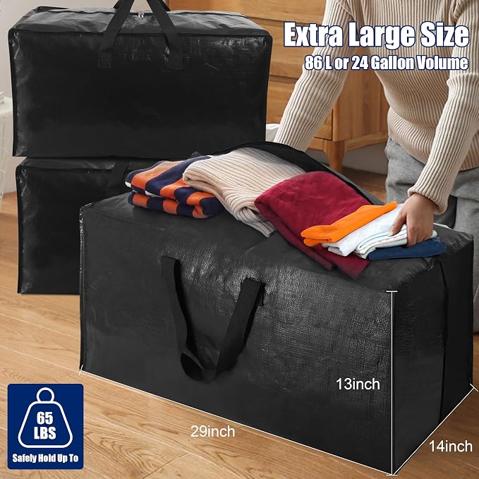 Cosy Family 8 Pack Heavy Duty Extra Large Moving Bags with Backpack Straps - Strong Handles & Zippers, Storage Totes For Space Saving, Fold Flat, Alternative to Moving Box (Set of 8, Black)