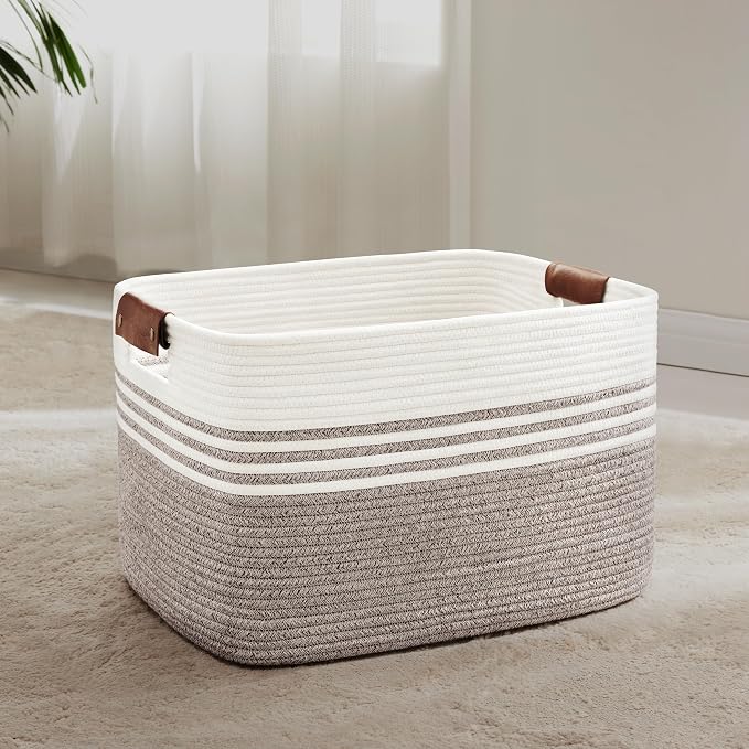 60L Woven Laundry Basket Hamper with Leather Handles,Dark Brown | collapsible wicker hamper, storage for dirty clothes, toys, blankets, gifts, living room, bedroom, bathroom, 21"x15"x11"