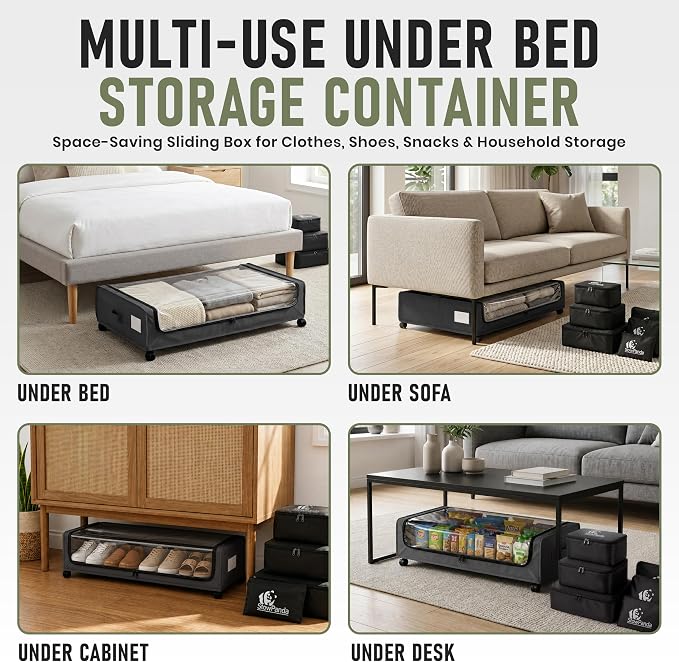 60L Under Bed Storage with Wheels, With 6 Travel Bags, 2-Pack, Dark Gray | Rolling Underbed Storage Containers, Clear Lids, Heavy Duty Steel Frame, Organizer for Clothes Shoes Comforters Blankets Toys