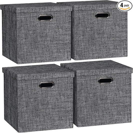 Posprica Storage Bins with Lids,13×13×13 Foldable Storage Cube Baskets Boxes Fabric Drawers for Closet Shelf Cabinet Bookcase,Set of 4,Black