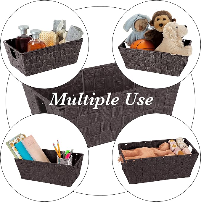 Simplify Small Shelf Woven Strap Tote | Decorative Storage Basket | Built in Handles | Organization | Closet | Bedroom | Bathroom | Nursery | Accessories | Toys | Gifts | 4 Pack | Chocolate
