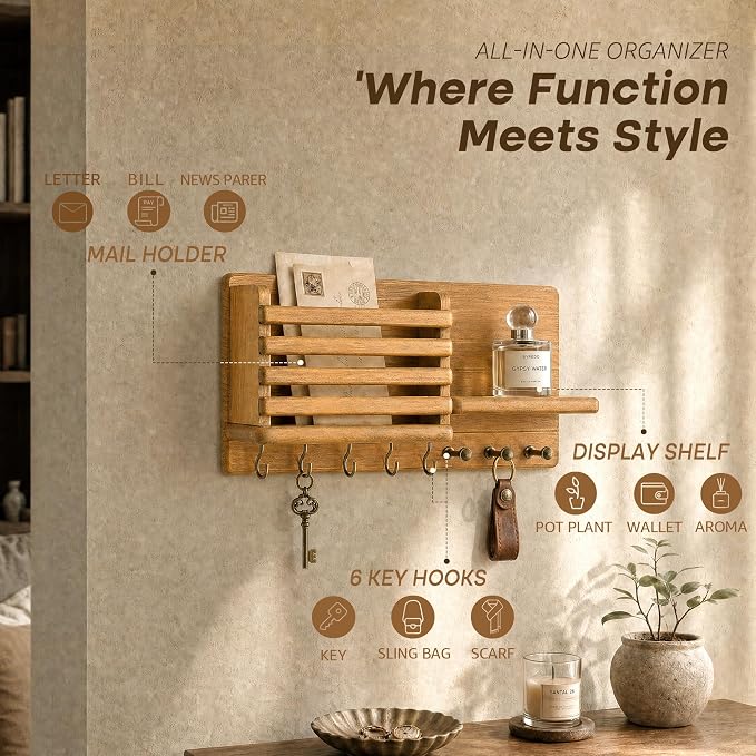 Rebee Vision Key Holder Wall Mount with Mail Slot for Home Decor, Yellow | Pine Wood, Key Holder for Wall, Storage Shelf, 8 Hooks, Mail Holder, Bedroom, Decorative Storage, Apartment Rustic Aesthetic