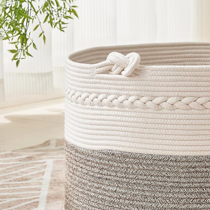 KAKAMAY Large Blanket Basket (20"x13"),Woven Baskets for storage Baby Laundry Hamper, Cotton Rope Blanket Basket for Living Room, Laundry, Nursery, Pillows, Baby Toy chest (White/Beige) | Extra Large Capacity | Natural Cotton Rope | Blanket Storage | W...