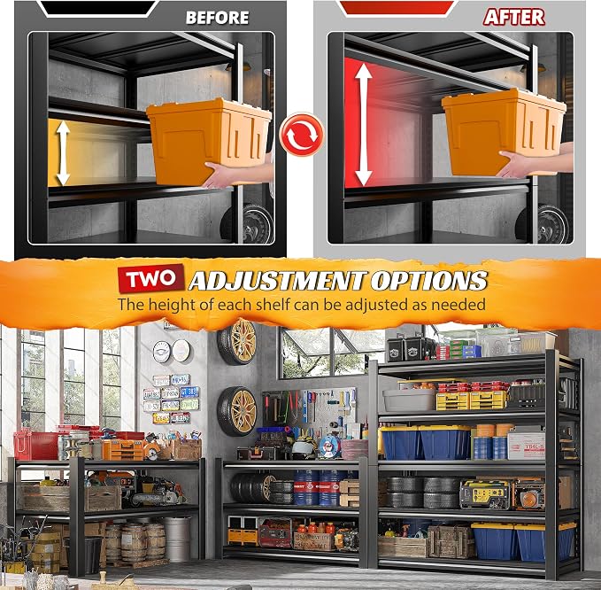 REIBII 5 Tier Garage Shelving for Garage, Adjustable Metal Shelving | 3000LBS Capacity, 36"W x 16"D x 72"H, Rust‑Resistant, Solid Steel, Fits Pantry, Commercial, Freestanding, Tool‑Free Assembly