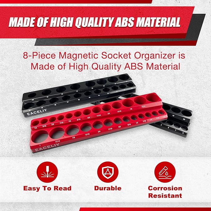 Magnetic Socket Organizer Set, 1/2", 1/4" and 3/8" SAE & Metric Deep & Shallow Tools Tray Holder Kit, holds 199pcs Sockets (sockets not included) (8PC 1/2&3/8&1/4) 丨8PCS