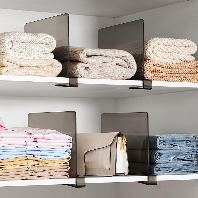 HBlife 6 Pack Grey Shelf Dividers, Vertical Purse Organizer for Closet Perfect for Sweater, Shirts, Handbags in Bedroom and Kitchen, Adjustable Acrylic Bookshelf for Organization