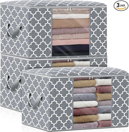 WISELIFE Storage Bags 100L 3-Pack Large Blanket Clothes Organization and Storage Containers for Bedding, Comforters, Foldable Organizer with Reinforced Handle, Clear Window, Sturdy Zippers, Light Grey