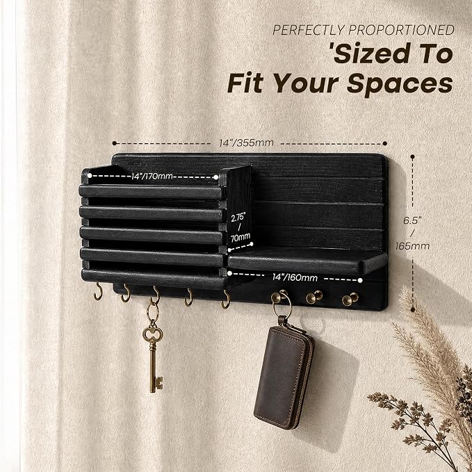 Rebee Vision Key Holder Wall Mount with 8 Key Hooks for Rome Decor, Black | Pine Wood, Key Holder for Wall, Mail Slot, Key Hanger for Keys, Shelf for Plant, Entryway Mail Organizer, Home Improvement