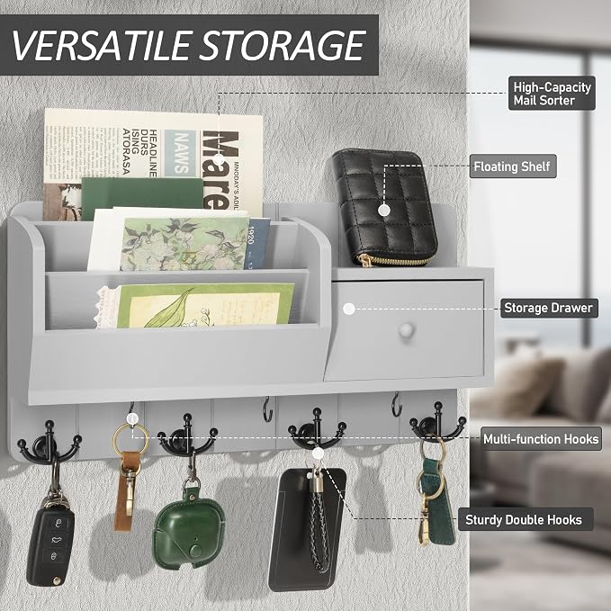 Rebee Vision Key Holder Wall Mount with Drawer, for Home Decor, Light Gray | Mail and Key Organizer for Wall, Drawer Storage, Hanging Hooks, Letter Organization, Apartment Essential, Home Decor Accent