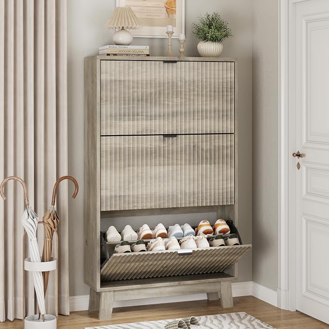 Xixini Shoe Cabinet with 3 Flip Drawers, 54" Tall Narrow Fluted Shoe Storage Organizer for Entryway, Hidden Slim Wooden Shoe Rack Cabinet for Front Door Entrance, Hallway, Living Room, Light Grey