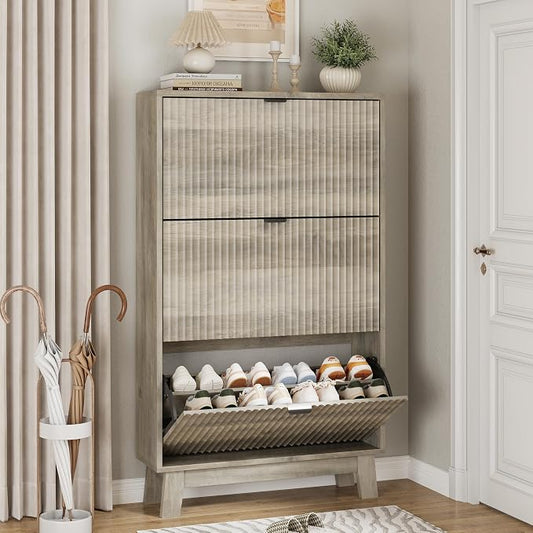 Xixini Shoe Cabinet with 3 Flip Drawers, 54" Tall Narrow Fluted Shoe Storage Organizer for Entryway, Hidden Slim Wooden Shoe Rack Cabinet for Front Door Entrance, Hallway, Living Room, Light Grey