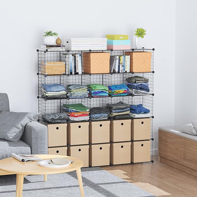 HUBSON Wire Cube Storage Organizer, Book/Toy/Craft/Potted Plants and petCloset Organizers and Storage Shelves 20-Cube Freely Combinable Metal Grids Storage Shelf,Black Plus Iron