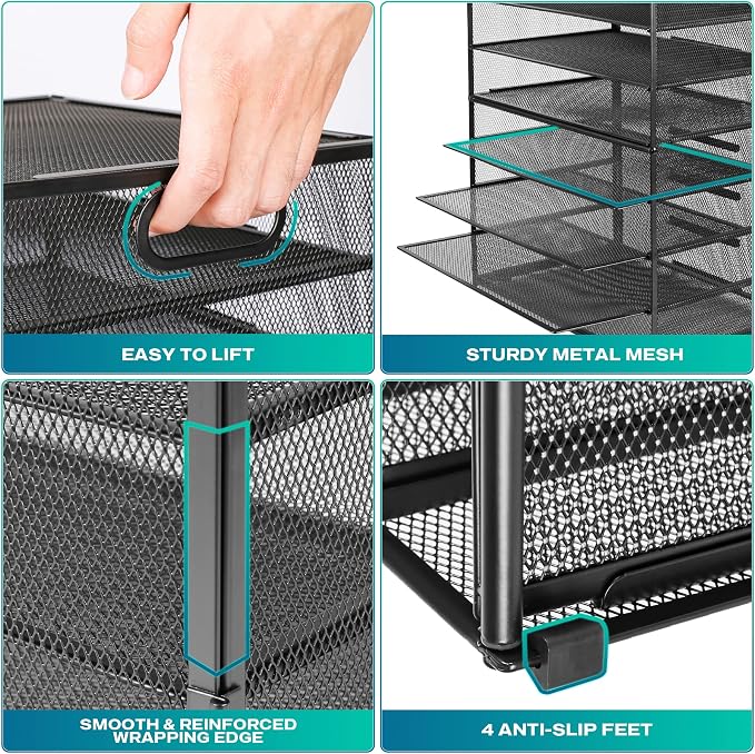 8 Tier Paper Letter Tray Organizer with Handles, Mesh Desk File Holder Storage Organization for Home School Classroom & Office (Black)