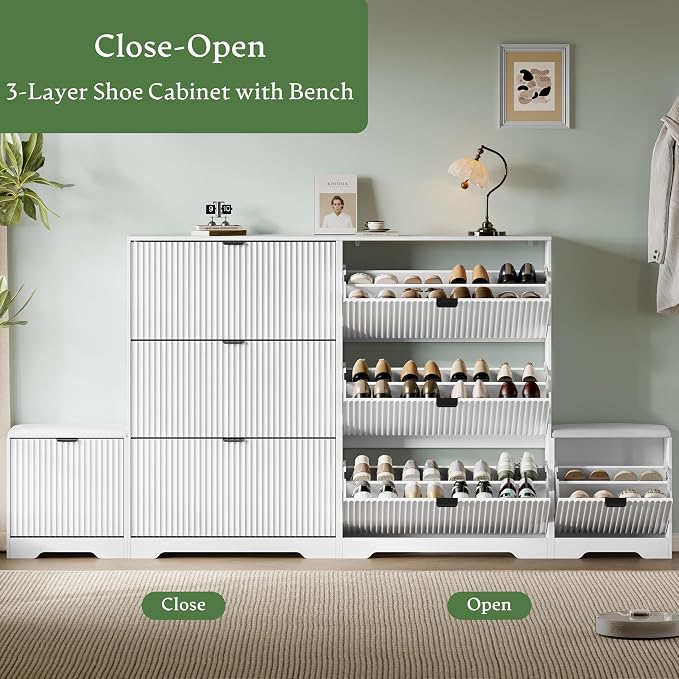 Xixini Shoe Storage Cabinet for Entryway with 3 Flip Drawers & Bench, Slim Wood Shoe Organizer with Modern Fluted Panel, Freestanding Narrow Shoe Rack for Front Door Entrance, Hallway, Foyer, White