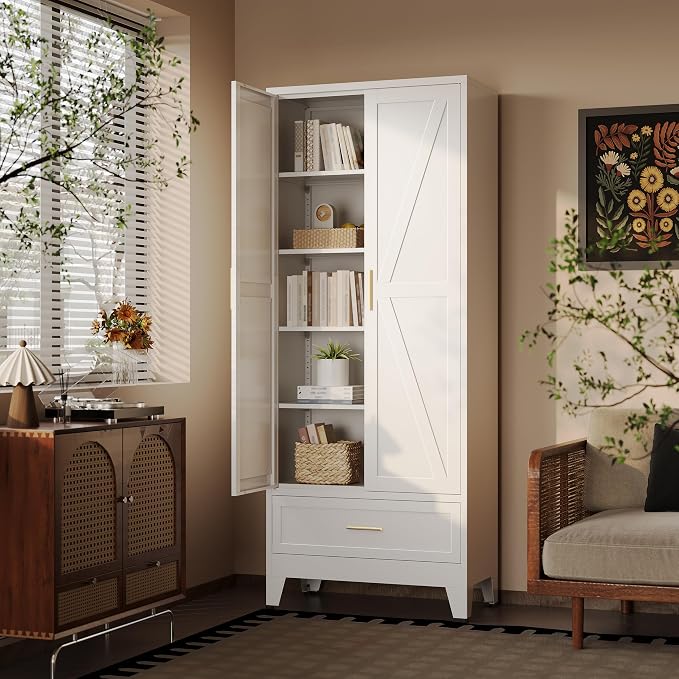 71“H Kitchen Pantry Cabinet with Drawers,Tall Kitchen Pantry Cabinets,Metal Food Storage Cabinets, White Pantry Cabinet with 4 Doors, Large Freestanding Cabinets for Dining Room, Living Room