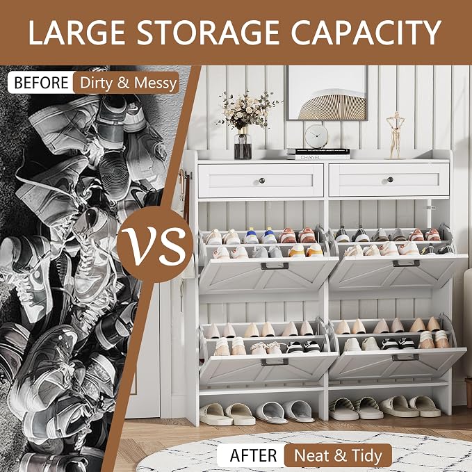 Shoe Cabinet with 4 Flip Drawers & 2 Top Drawers, 43" Tall Freestanding Shoe Storage Organizer for Entryway, Wooden Narrow Hidden Slim Shoe Rack for Front Door Entrance, Hallway, Living Room, White