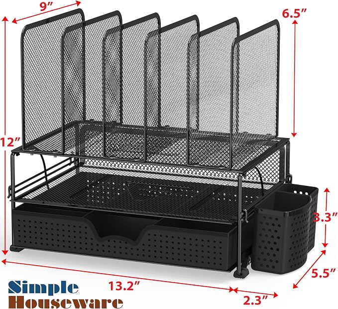 Simple Houseware Desk File Organizer for Office Supplies w/Drawer, Black | Double Tray, Pencil Holder, and 5 Upright Sections with Sliding Drawer