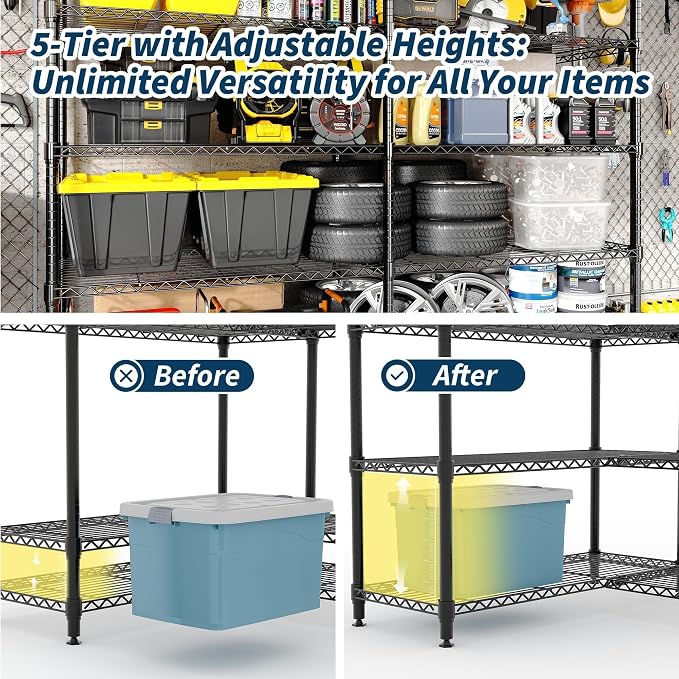 Garvee 71" Wide Storage Shelves Metal Shelving Units 5 Tier, 1325LBS | Heavy Duty & Adjustable Wire Shelving Rack, Standing/L-shaped, Use for Garage Kitchen Pantry Warehouse, Black