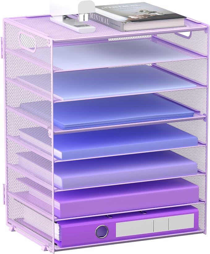 8 Tier Paper Letter Tray Organizer with Handles for Desk (Purple) | Mesh Desk File Holder Storage Organization for Home School Classroom & Office