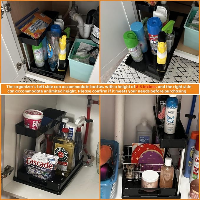 2 Pack 10.8″ High Pull Out Under Sink Organizer,14.5″ Deep 2 Tier Slide Out Cabinet Organizer for Kitchen Cabinet,Undersink Organizers,Under Sink Shelves,Bathroom Organizers and Storage,Black