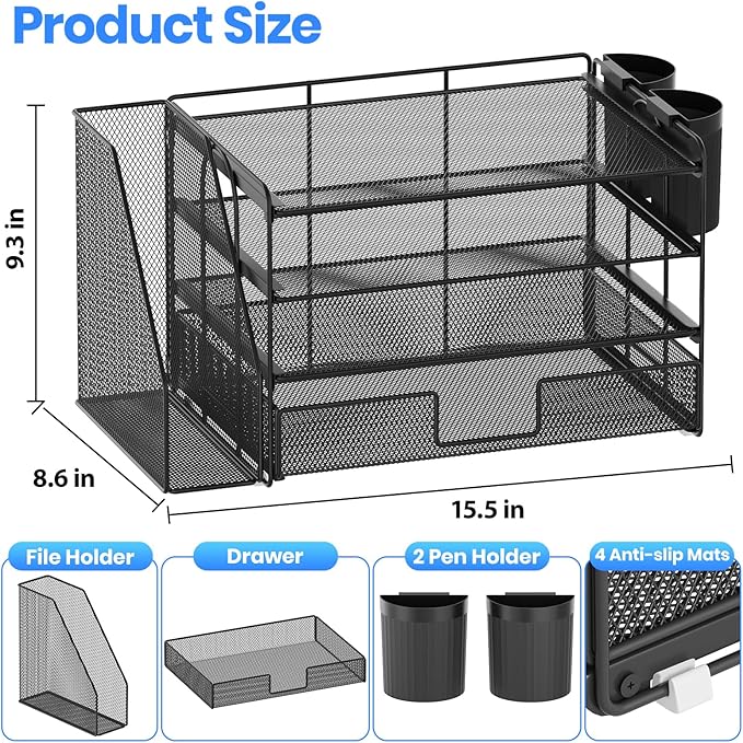 OPNICE Desk Organizer, 4-Tier Desktop File Organizer with Drawer and Pen Holders, Office Desk Accessories, File Sorters, Workspace Organizers for Office Supplies(Black)