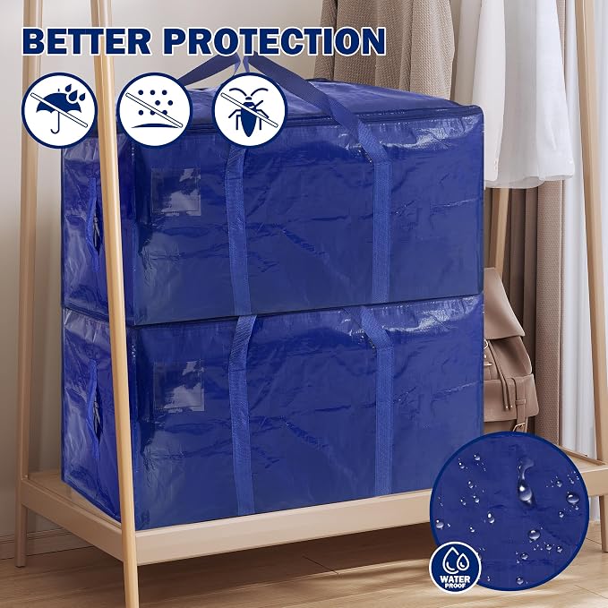 8 Pack Extra Heavy Duty Large Moving Bags with Strong Zipper & Carrying Handles, Sturdy Clothes Storage Bag Totes Bins, Packing Bags Moving Boxes College Moving Supplies, Dark Blue - 33 gal