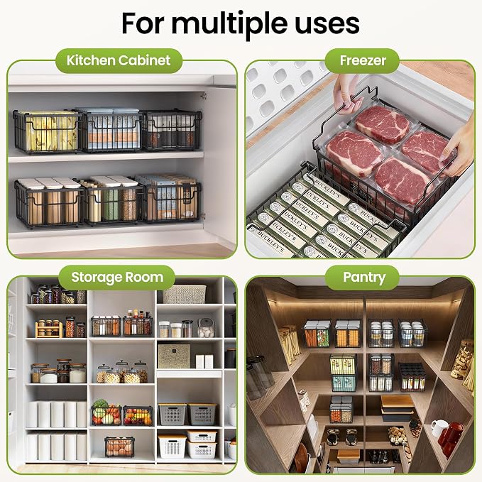 Freezer Organizer Bins, 3 Pack Enlarged Baskets for 5-9 Cu.FT Deep Freezer | Stackable Chest Freezer Organizer Bins, Foldable with Handles, Black Storage Container Baskets for Sort Frozen Meats