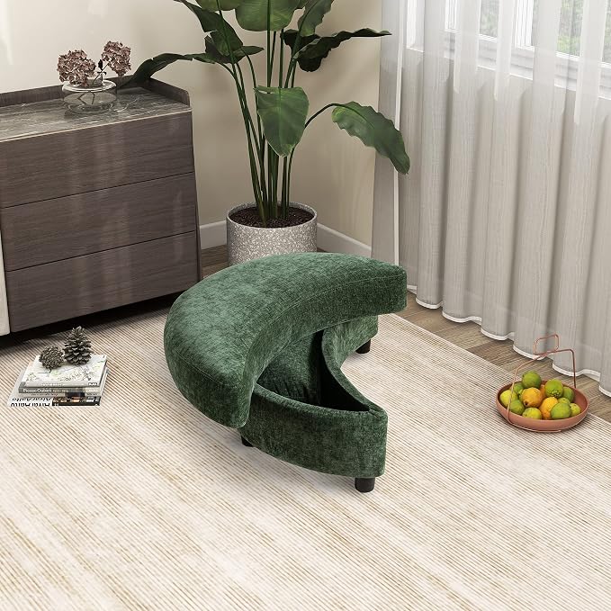 32.7" W Chenille Upholstered Half Crescent Moon Storage Bench Large Ottoman with Tray Serve As Side Table Soft Padded Seat Dressing Shoe Bench Foot Rest Green 32.7" L x 18.9" W x 17.3" H