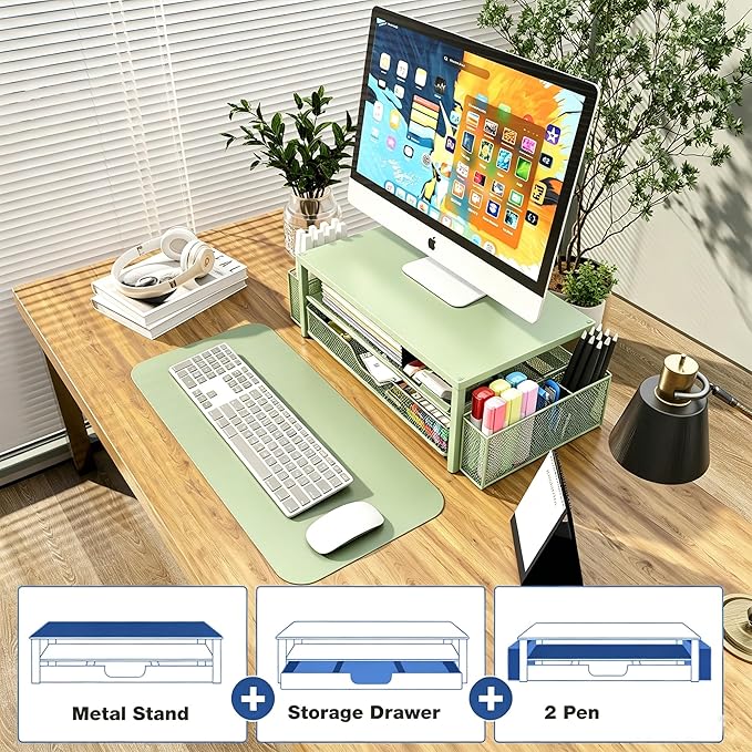 OPNICE Desk Organizers and Accessories, Computer Monitor Stand Riser with Drawer and 2 Pen Holders, Printer & Laptop Stand, Office Desk Accessories & Workspace Organizers for Home Office Supplies, Green